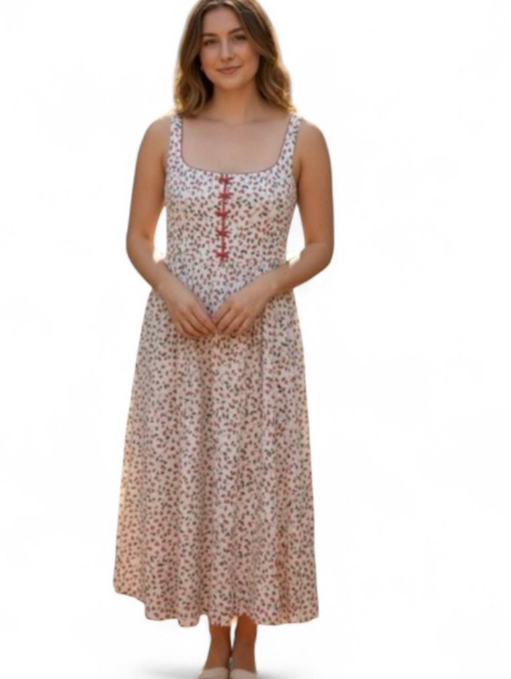 0407 NWT Caroline Constas Red Cherry Square Neck Linen Blend Maxi Long Dress